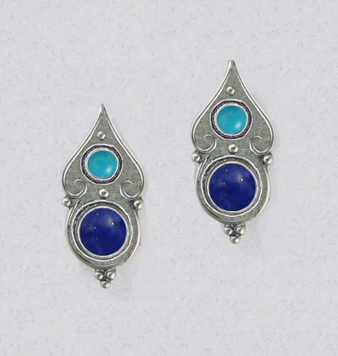 Sterling Silver Gothic Look Post Stud Earrings With Lapis Lazuli And Turquoise